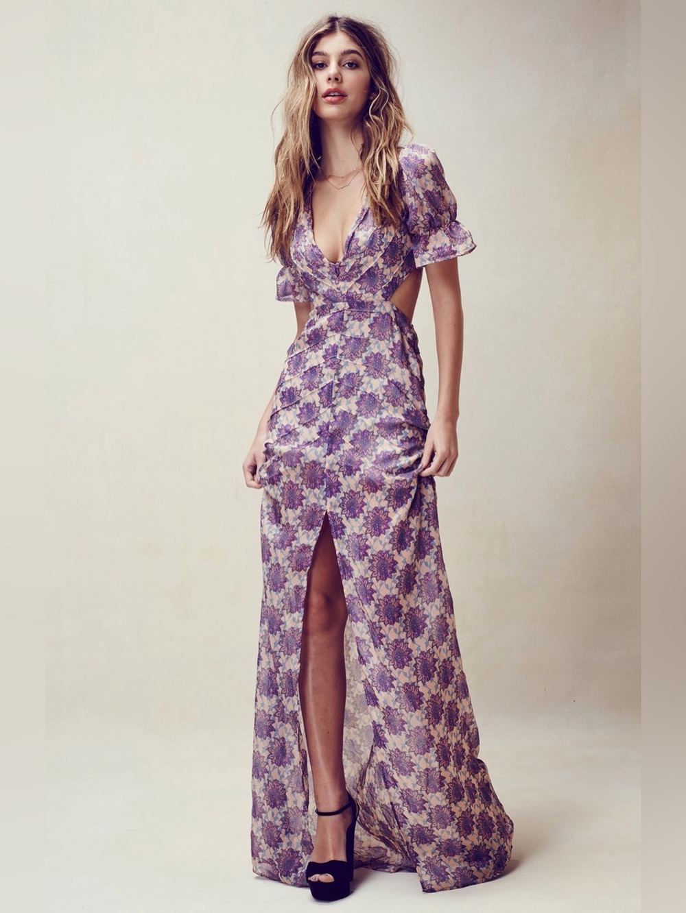 Lavender Floral Clover Maxi Dress with back cut out
